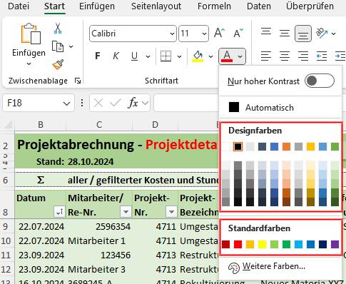 Designfarben und Standardfarben