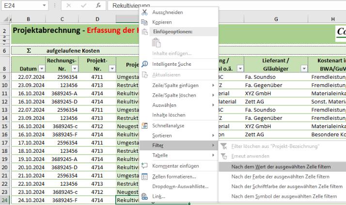 Kontextmenü mit Filterfunktion